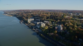 5.5K aerial stock footage of riverfront apartment buildings in Autumn, Yonkers, New York Aerial Stock Footage | AX119_071E