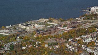 5.5K aerial stock footage of Sing Sing Prison in Autumn, Ossining, New York Aerial Stock Footage | AX119_113