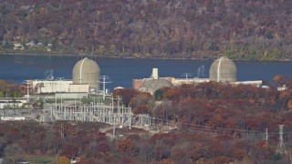 5.5K aerial stock footage of the Indian Point Nuclear Power Plant in Autumn, Buchanan, New York Aerial Stock Footage | AX119_138E