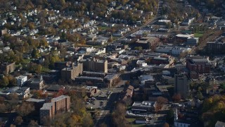 5.5K aerial stock footage orbiting small town apartment buildings in Autumn, Peekskill, New York Aerial Stock Footage | AX119_147