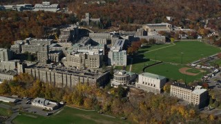 5.5K aerial stock footage of an orbit of West Point Military Academy in Autumn, West Point, New York Aerial Stock Footage | AX119_166E