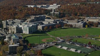 5.5K aerial stock footage orbit the West Point Military Academy in Autumn, West Point, New York Aerial Stock Footage | AX119_168