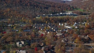 5.5K aerial stock footage of housing at West Point Military Academy campus in Autumn, West Point, New York Aerial Stock Footage | AX119_172