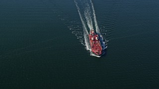 5.5K aerial stock footage of an orbit of an oil tanker sailing Long Island Sound Aerial Stock Footage | AX119_236