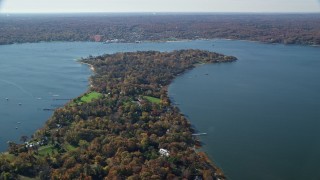 5.5K aerial stock footage of oceanfront mansions in Autumn, Oyster Bay, New York Aerial Stock Footage | AX119_240