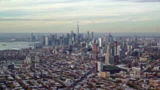 5.5K aerial stock footage of Downtown Brooklyn and Lower Manhattan skylines in Autumn, New York City Aerial Stock Footage | AX120_084