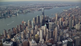 5.5K aerial stock footage slowly fly over Lower Manhattan toward Freedom Tower, New York City Aerial Stock Footage | AX120_095E