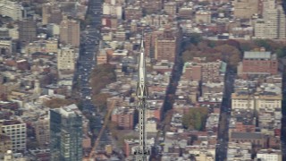 5.5K aerial stock footage of orbiting the spire on One World Trade Center in Lower Manhattan, New York City Aerial Stock Footage | AX120_102