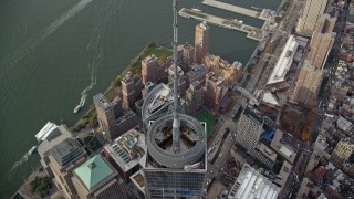 5.5K aerial stock footage approach the Freedom Tower spire in Lower Manhattan, New York City Aerial Stock Footage | AX120_109E