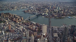 5.5K aerial stock footage of a wide view of the Brooklyn Bridge and Manhattan Bridge in New York City Aerial Stock Footage | AX120_112E