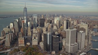 5.5K aerial stock footage of flying toward Battery Park and Lower Manhattan in Autumn, New York City Aerial Stock Footage | AX120_123E