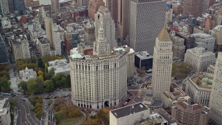 5.5K aerial stock footage orbit Manhattan Municipal Building in Autumn, Lower Manhattan, New York City Aerial Stock Footage | AX120_150