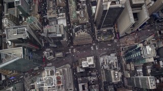 AX120_178E - 5.5K aerial stock footage of a bird's eye of light traffic on Broadway in Times Square, Midtown Manhattan, New York City