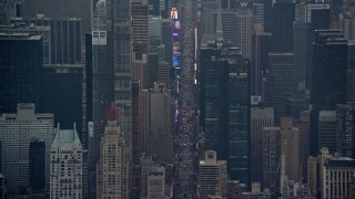 5.5K aerial stock footage of heavy traffic by Times Square in Midtown, New York City Aerial Stock Footage | AX120_223E