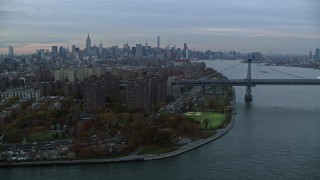 AX121_042E - 5.5K aerial stock footage of public housing buildings on Lower East Side at twilight in New York City