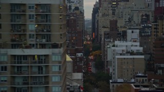 5.5K aerial stock footage flyby city canyons in Midtown at twilight in New York City Aerial Stock Footage | AX121_071E