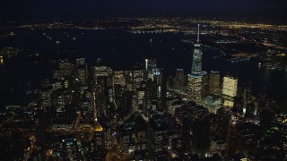 5.5K aerial stock footage orbit skyscrapers of Lower Manhattan at Night in New York City Aerial Stock Footage | AX121_177