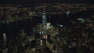 5.5K aerial stock footage of World Trade Center skyscrapers at Night in New York City Aerial Stock Footage | AX121_187E