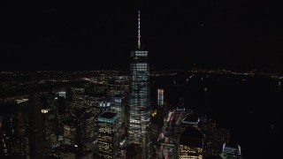 5.5K aerial stock footage orbiting Freedom Tower, World Trade Center skyscrapers at Night in Lower Manhattan, NYC Aerial Stock Footage | AX122_034E