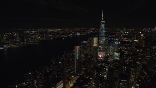 5.5K aerial stock footage orbit downtown and World Trade Center towers at Night in Lower Manhattan, NYC Aerial Stock Footage | AX122_042E