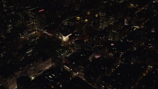 AX122_105 - 5.5K aerial stock footage approach Union Square at Night in Gramercy, New York City