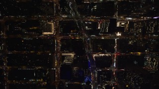 5.5K aerial stock footage of a bird's eye of Midtown streets at Night in New York City Aerial Stock Footage | AX122_179