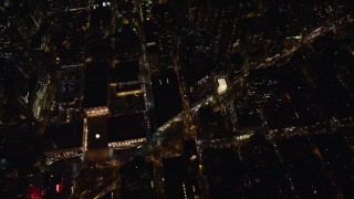 AX122_181 - 5.5K aerial stock footage of Lincoln Center, Metropolitan Opera House and Upper West Side Streets at Night, NYC