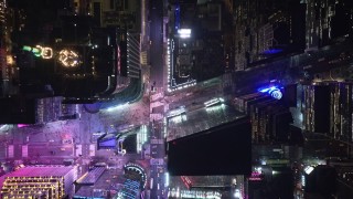 AX122_224E - 5.5K aerial stock footage of a bird's eye view of 42nd Street revealing Times Square at Night, Midtown Manhattan, NYC