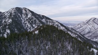 5.5K aerial stock footage approach snowy evergreens on the summit of a Wasatch Range peak at sunrise, Utah Aerial Stock Footage | AX124_162E