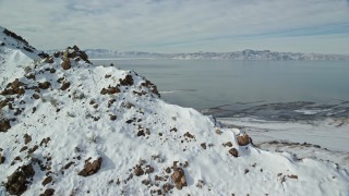 5.5K aerial stock footage orbit a rocky slope to reveal bighorn sheep in winter snow, Antelope Island, Utah Aerial Stock Footage | AX125_066