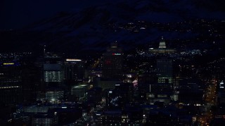 5.5K aerial stock footage of Utah State Capitol on the north end of Downtown Salt Lake City with winter snow at night Aerial Stock Footage | AX128_098E