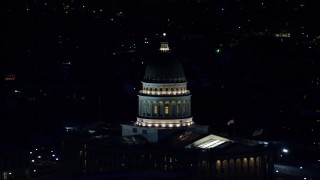 5.5K aerial stock footage orbit dome of the Utah State Capitol at night in winter, Salt Lake City, Utah Aerial Stock Footage | AX128_109