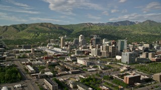 5.5K aerial stock footage video of Wasatch Range behind Downtown Salt Lake City, Utah Aerial Stock Footage | AX129_017