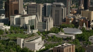 AX129_043E - 5.5K aerial stock footage of Salt Lake Temple, Mormon Tabernacle, Downtown Salt Lake City, Utah