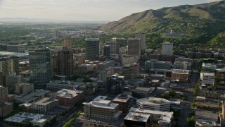 5.5K aerial stock footage of city buildings, convention center, Utah State Capitol, Downtown Salt Lake City, Utah Aerial Stock Footage | AX129_146E