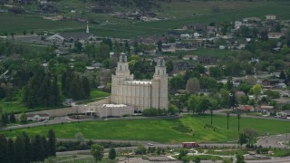 AX130_145E - 5.5K stock footage video orbit the Manti-Utah Temple, Manti, Utah