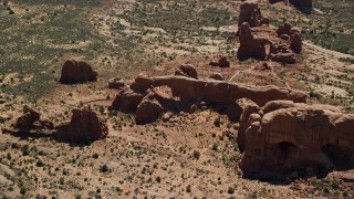 5.5K aerial stock footage of North Window, South Window and Turret Arch rock formations, Arches National Park, Utah Aerial Stock Footage | AX137_074