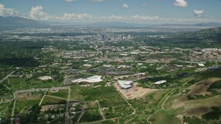 5.5K aerial stock footage approaching over University of Utah to approach Downtown Salt Lake City, Utah Aerial Stock Footage | AX140_245E