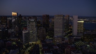 5.5K aerial stock footage flying by skyscrapers and buildings, Downtown Boston, Massachusetts, twilight Aerial Stock Footage | AX141_038