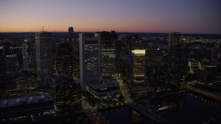 5.5K aerial stock footage flying by skyscrapers, Downtown Boston, Massachusetts, twilight Aerial Stock Footage | AX141_039E