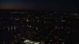 5.5K aerial stock footage of a small bridge and Harvard University, Massachusetts, night Aerial Stock Footage | AX141_095E