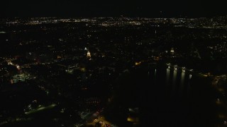 AX141_113 - 5.5K aerial stock footage flying by the Lowell House, Harvard University, Massachusetts, night