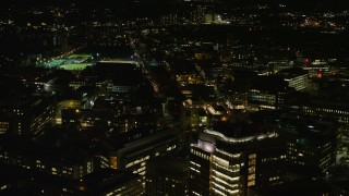 AX141_154E - 5.5K aerial stock footage flying by Massachusetts Institute of Technology, Cambridge, Massachusetts, night