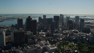 AX142_023E - 5.5K aerial stock footage of Boston Common, Massachusetts State House, Downtown Boston, Massachusetts