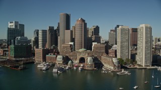 AX142_036E - 5.5K aerial stock footage of Rowes Wharf,  One and Two International Place, Downtown Boston, Massachusetts