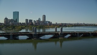 AX142_067E - 5.5K aerial stock footage flying by Lederman Park, Longfellow Bridge, Downtown Boston, Massachusetts