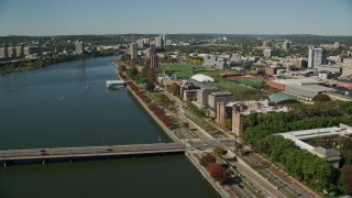 AX142_073 - 5.5K aerial stock footage of Massachusetts Institute of Technology, sports fields,  Cambridge, Massachusetts