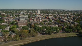 AX142_080E - 5.5K aerial stock footage approaching Harvard University, Lowell House, Cambridge, Massachusetts