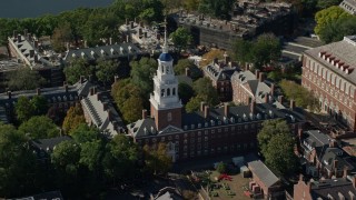 AX142_085E - 5.5K aerial stock footage orbit Lowell House at Harvard University,  Cambridge, Massachusetts