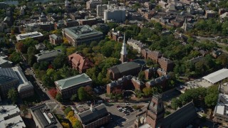 AX142_104E - 5.5K aerial stock footage of Harvard University, Memorial Church, Widener Library, Cambridge, Massachusetts